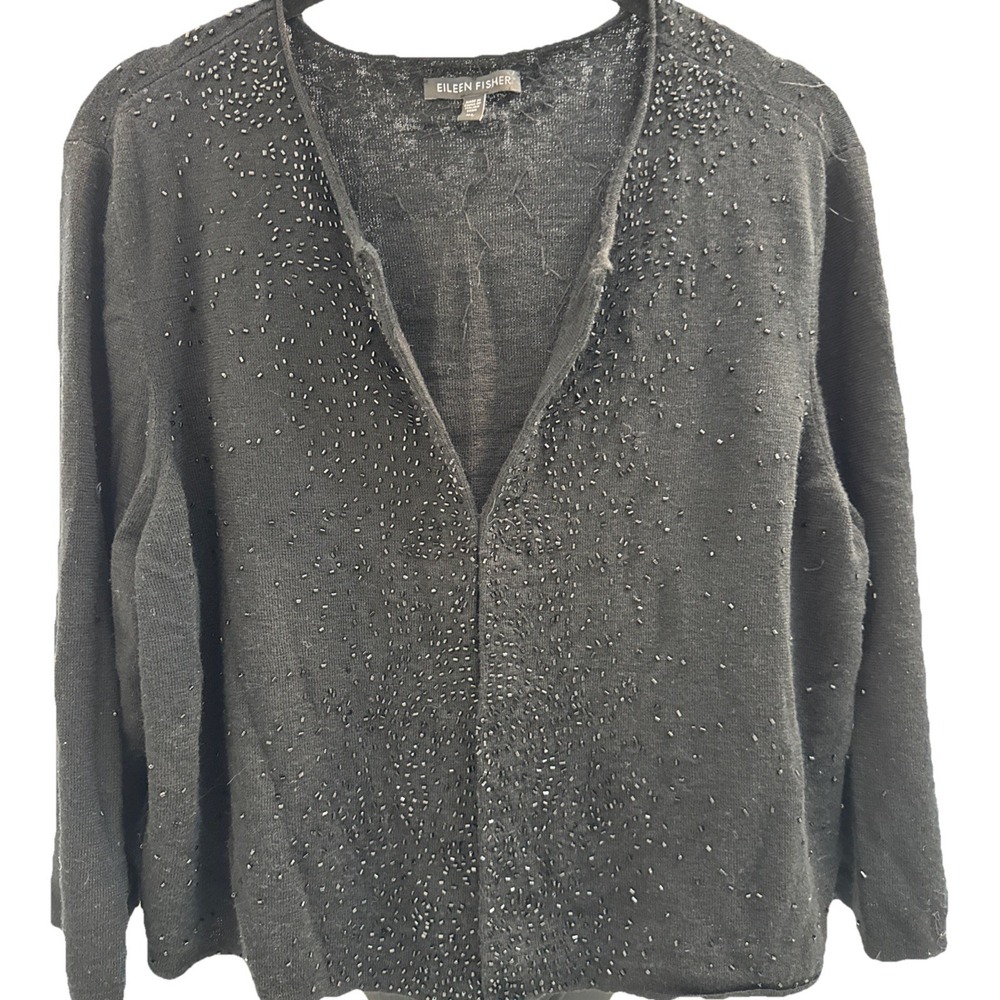 EILEEN FISHER Beaded Cardigan Sweater‎ M Merino Wool Cropped One Hook Close